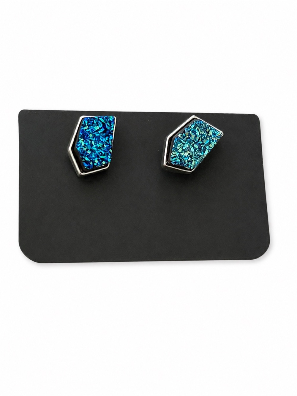 Blue Teal Druzy Geometric Stud Earrings Silver Tone Sparkle